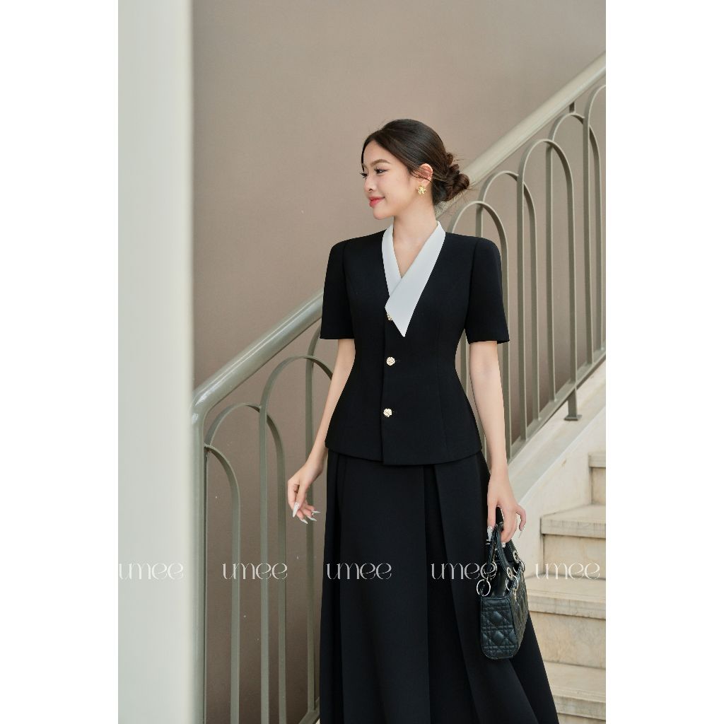 Umee Design - Set Thiết Kế Sang Trọng Áo Kết Hợp Cổ Lệch Trắng Phối Chân Váy "Mira Set"