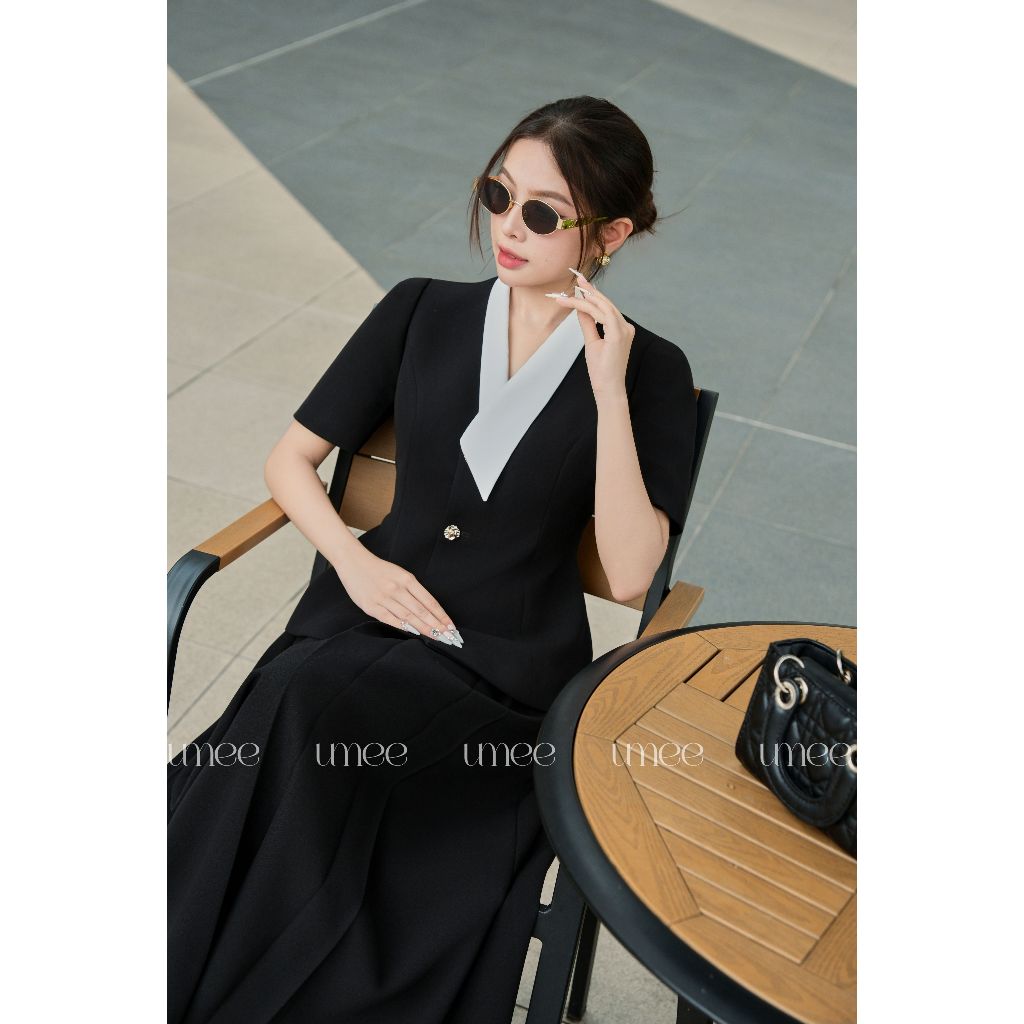 Umee Design - Set Thiết Kế Sang Trọng Áo Kết Hợp Cổ Lệch Trắng Phối Chân Váy "Mira Set"