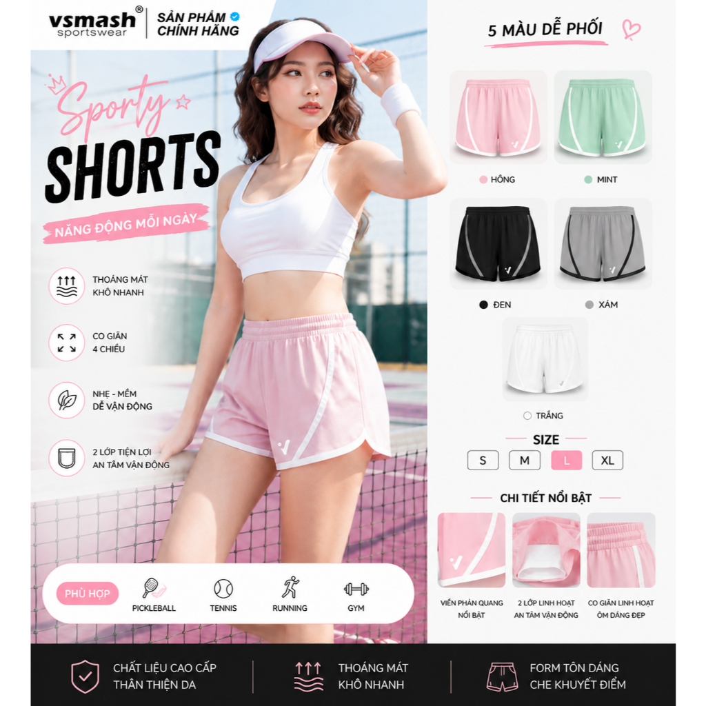 Quần Đùi Nữ 5 Inch 2 Lớp – Quần Short Thể Thao Nữ Vsmash Sportwear | Nhẹ, Nhanh Khô, Co Giãn, Chạy Bộ, Tập Gym, Cầu Lông