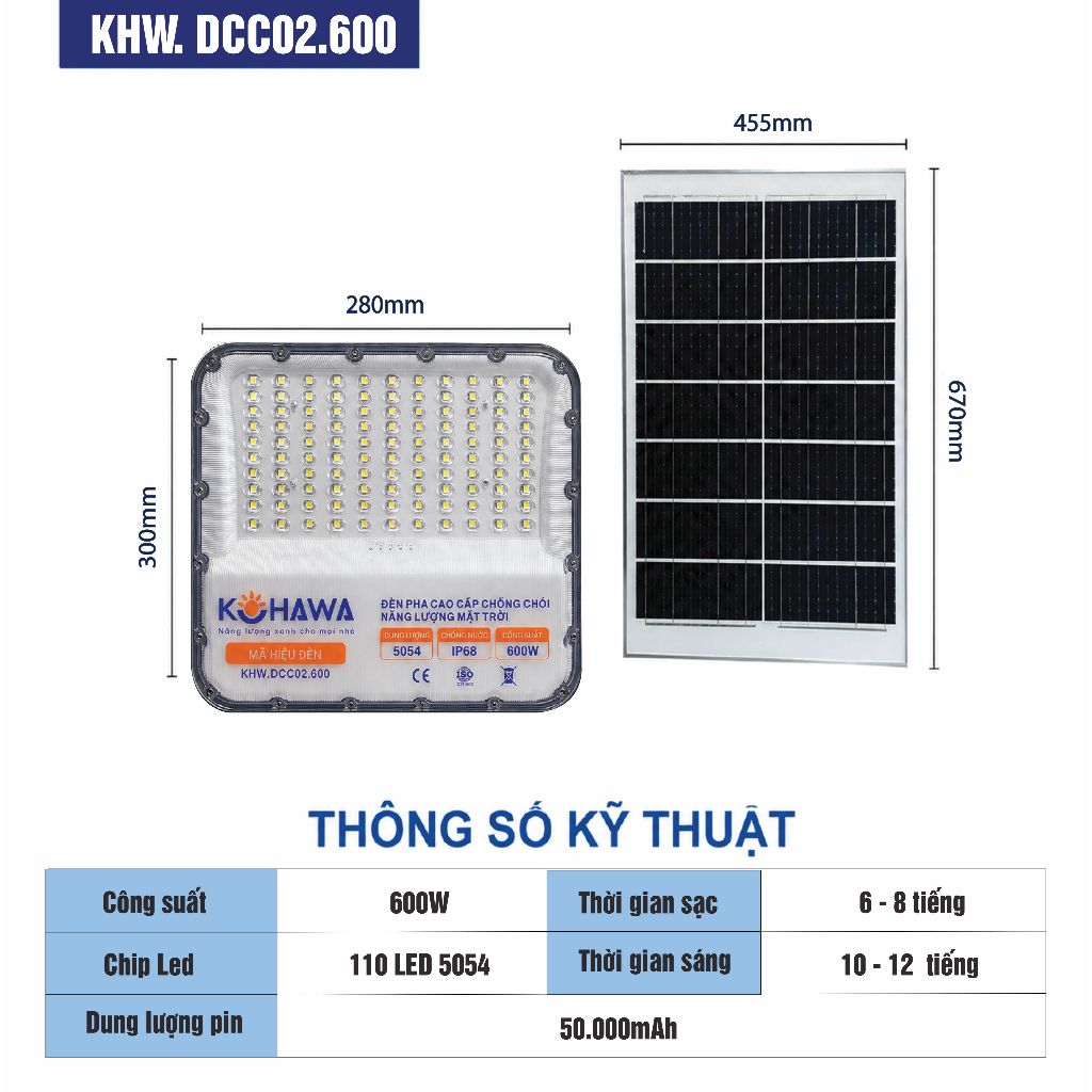 Đèn Mắt Ngọc Năng Lượng Mặt Trời 600W KOHAWA -Đèn Pha Chống Chói Cao Cấp, Chip LED 5054 Siêu Sáng pin khủng-K.DCC02.600