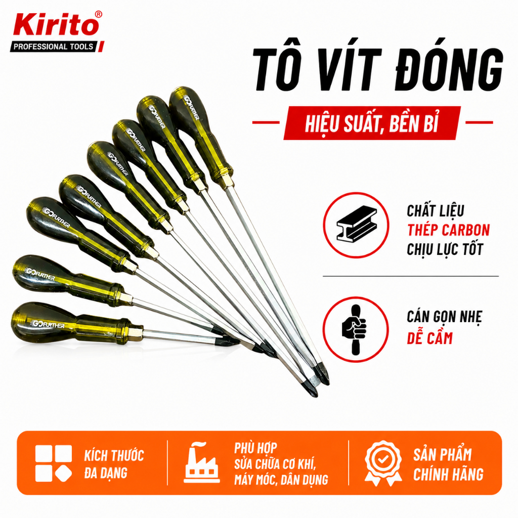 Combo Tô vít đóng Go Futher, tua vít đóng dẹp và tô vít đóng bake, size 6mm, 8mm (-)(+)