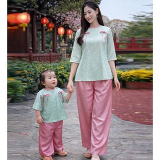 Bộ Bà Ba Mẹ và Bé Dáng Chữ A Gấm Lụa Mặc TRUNG THU, Sét Bộ Bà Ba Nữ Phối Nơ Trẻ Trung Mặc Nhà, Đi Chơi, BB04 - BEEKIDS