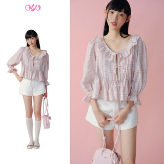 Áo babydoll OLV tay lửng phối bèo Cotton Ruffled Tie Front Shirt dễ thương phù hợp đi chơi