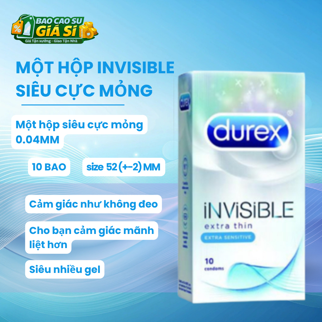 Bao Cao Su INVISIBLE ,Kéo Dài Thời Gian, Siêu Mỏng, Nhiều Gel - Hộp 12 chiếc