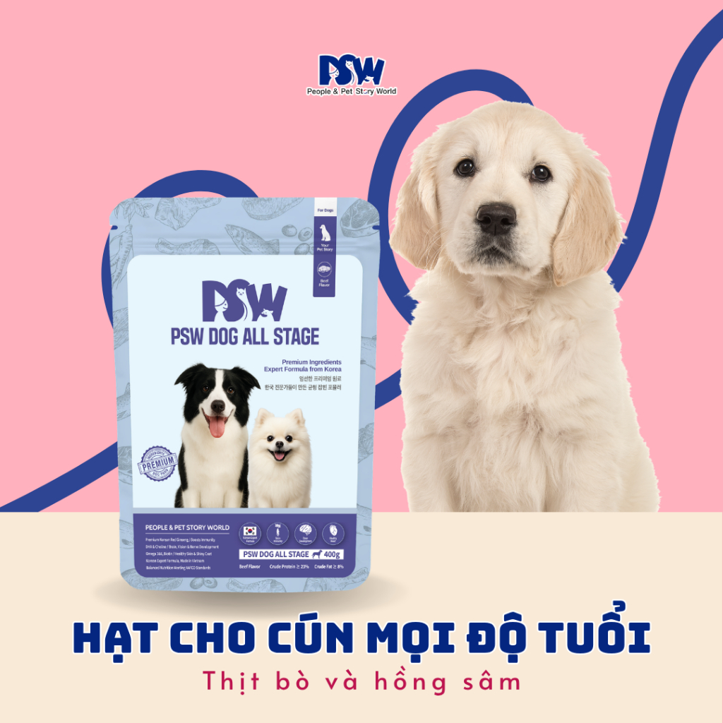 PSW Hạt chó 400g | Cho chó mọi lứa tuổi | Bò & hồng sâm | Hỗ trợ tiêu hóa, da lông