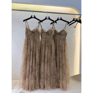 Váy Maxi Voan Lưới 2 Dây Nâu Tây