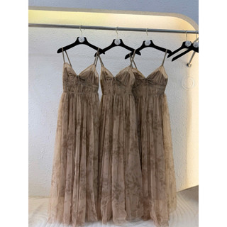 Váy Maxi Voan Lưới 2 Dây Nâu Tây