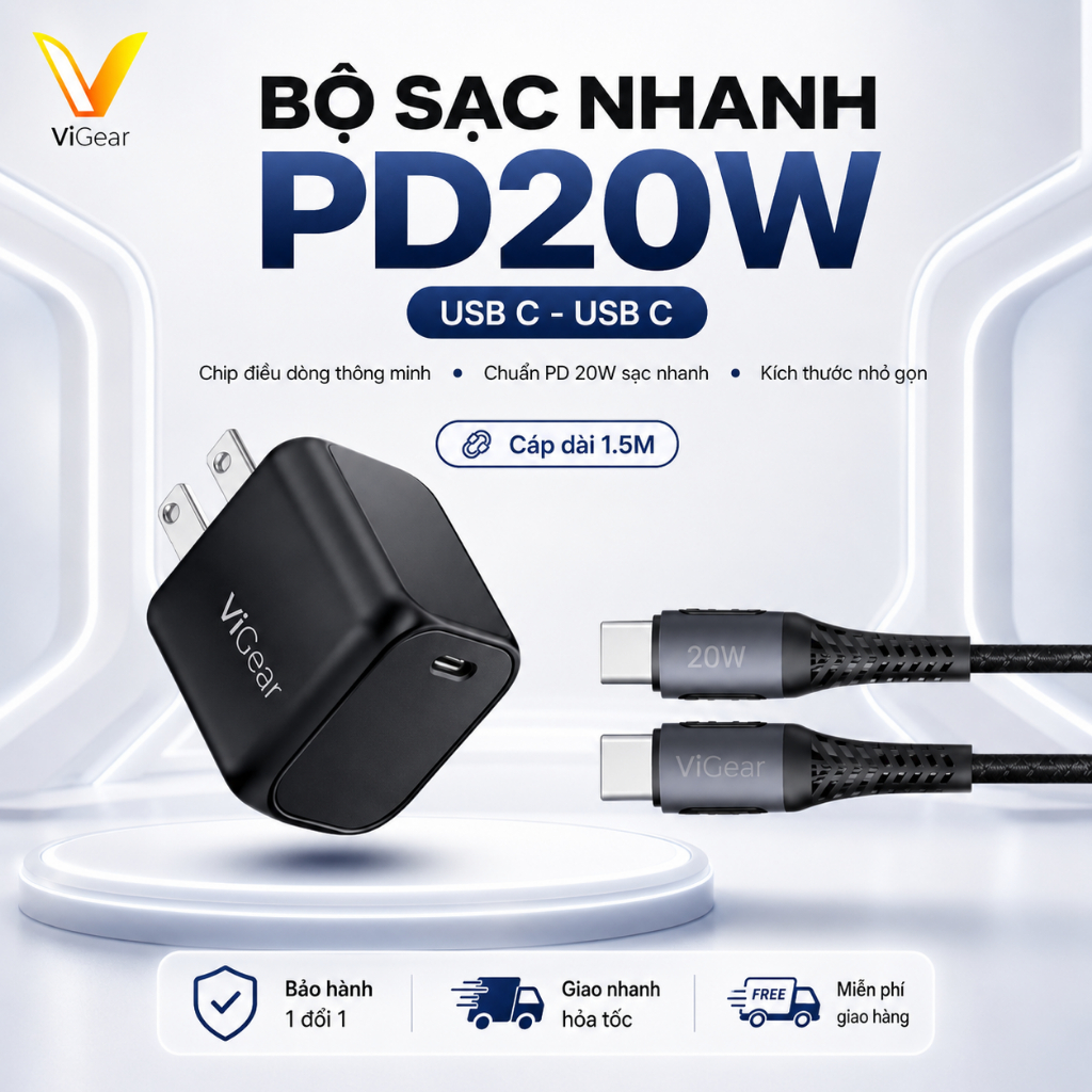 Bộ Củ Cáp Sạc Nhanh Vigear PD 20W Dành Cho iPhone/iPad/Samsung Chính Hãng Phụ Kiện Sạc Điện Thoại
