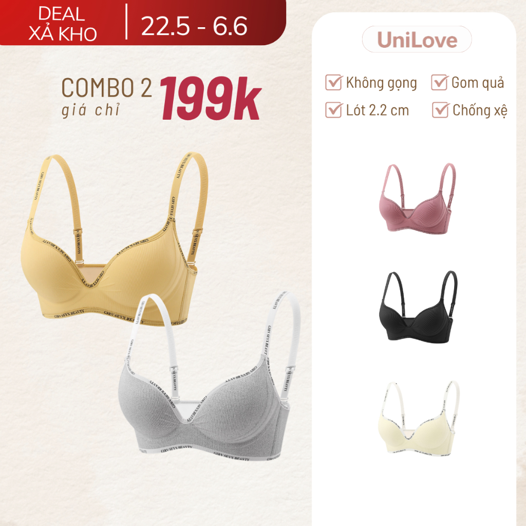 COMBO 2 Áo Lót Tạo Khe Nâng Ngực Không Gọng Unilove, Áo Ngực Đúc Su Không Lộ Viền Kháng Khuẩn DL015