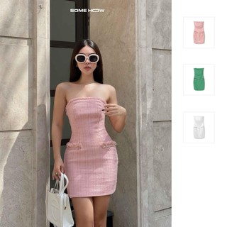 Đầm Ngắn Nữ Strapless Golden Chain, Chất Vải Tweed Thoải Mái, WDN004, SOME HOW STORE
