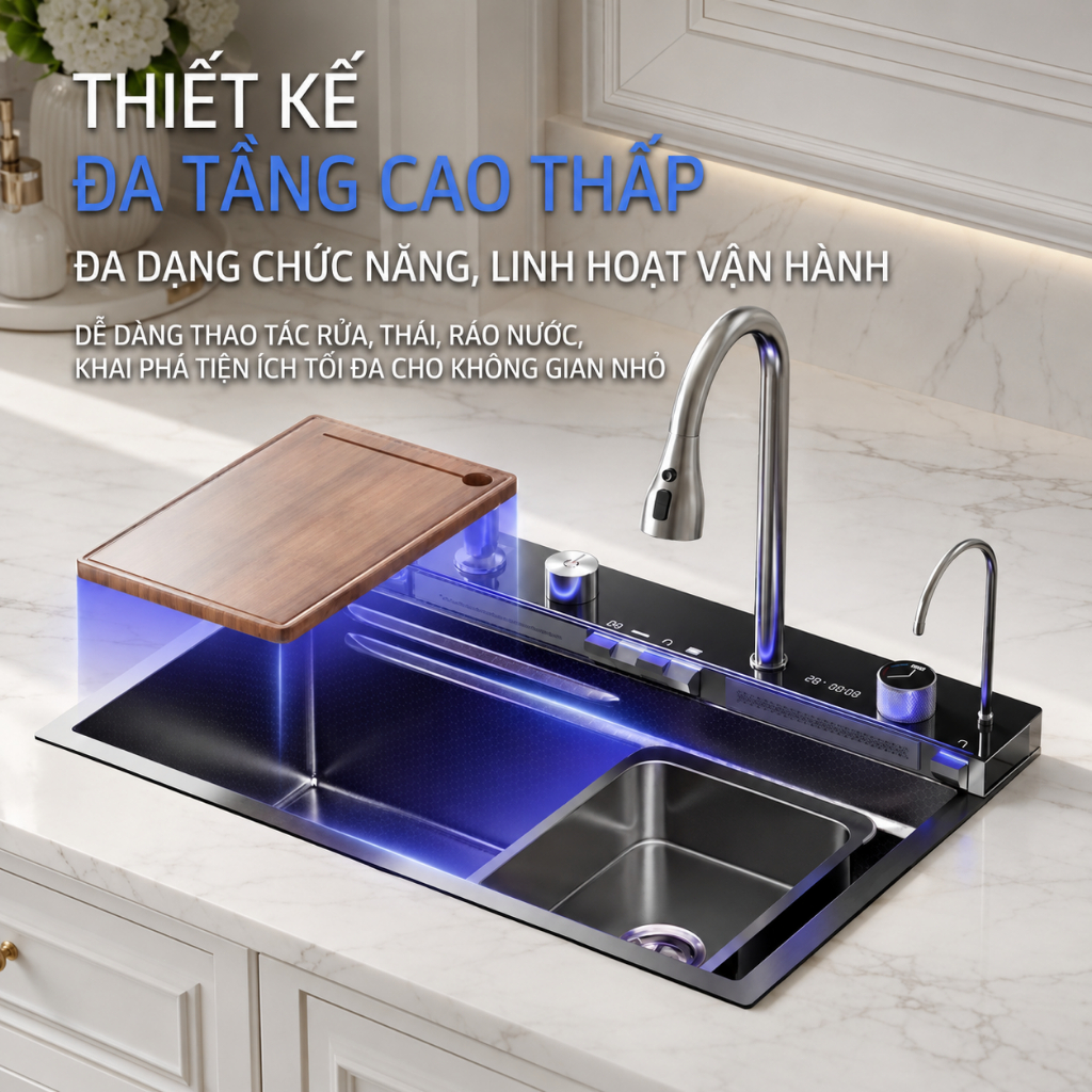 Chậu Rửa Bát 1 Hố thông minh Inox 304 Nano bồn rửa chén hiển thị nhiệt độ có thác nước và vòi rửa ly cao cấp
