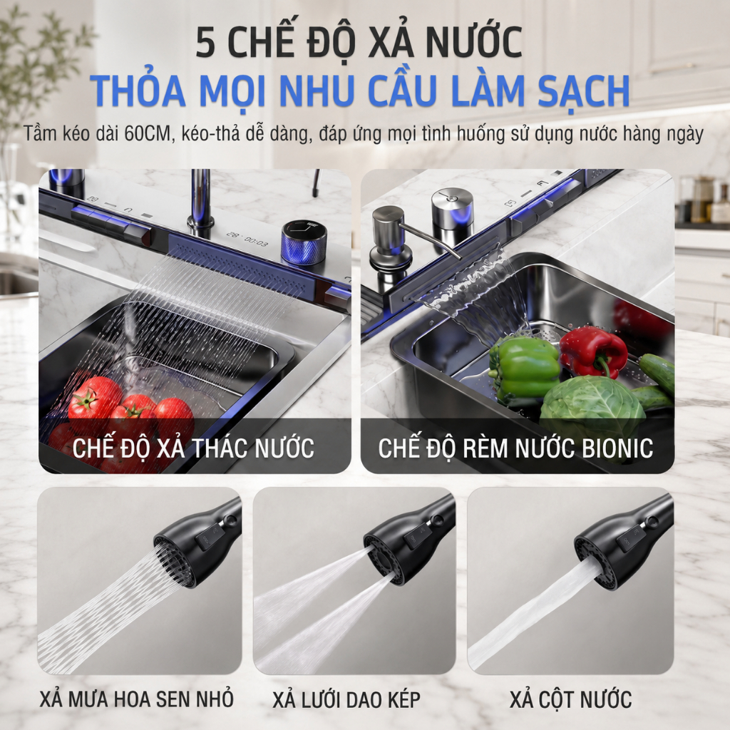Chậu Rửa Bát 1 Hố thông minh Inox 304 Nano bồn rửa chén hiển thị nhiệt độ có thác nước và vòi rửa ly cao cấp