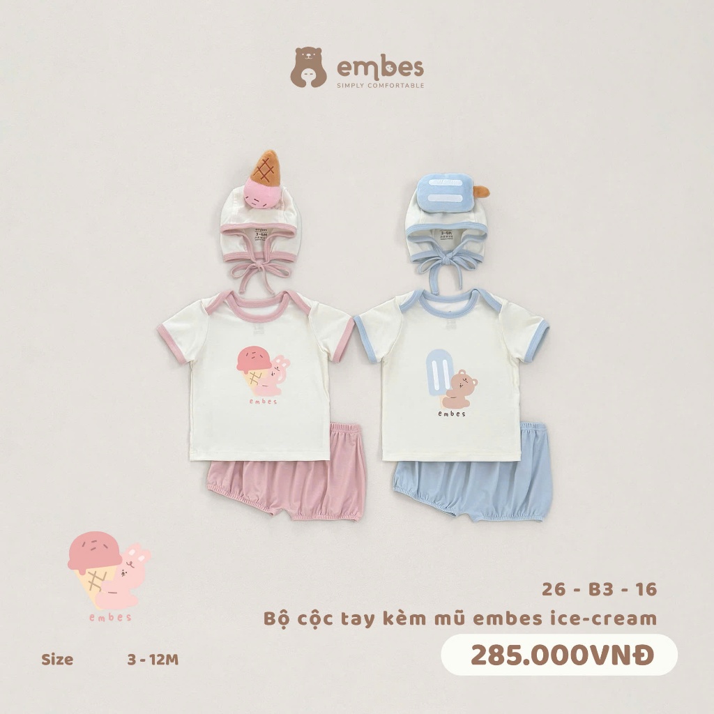 Bộ Cộc Sơ Sinh Embes, Bộ Cộc Tay In Hình Kèm Mũ Gắn Họa Tiết Cho Bé Trai Bé Gái Size Từ 0-9 Tháng