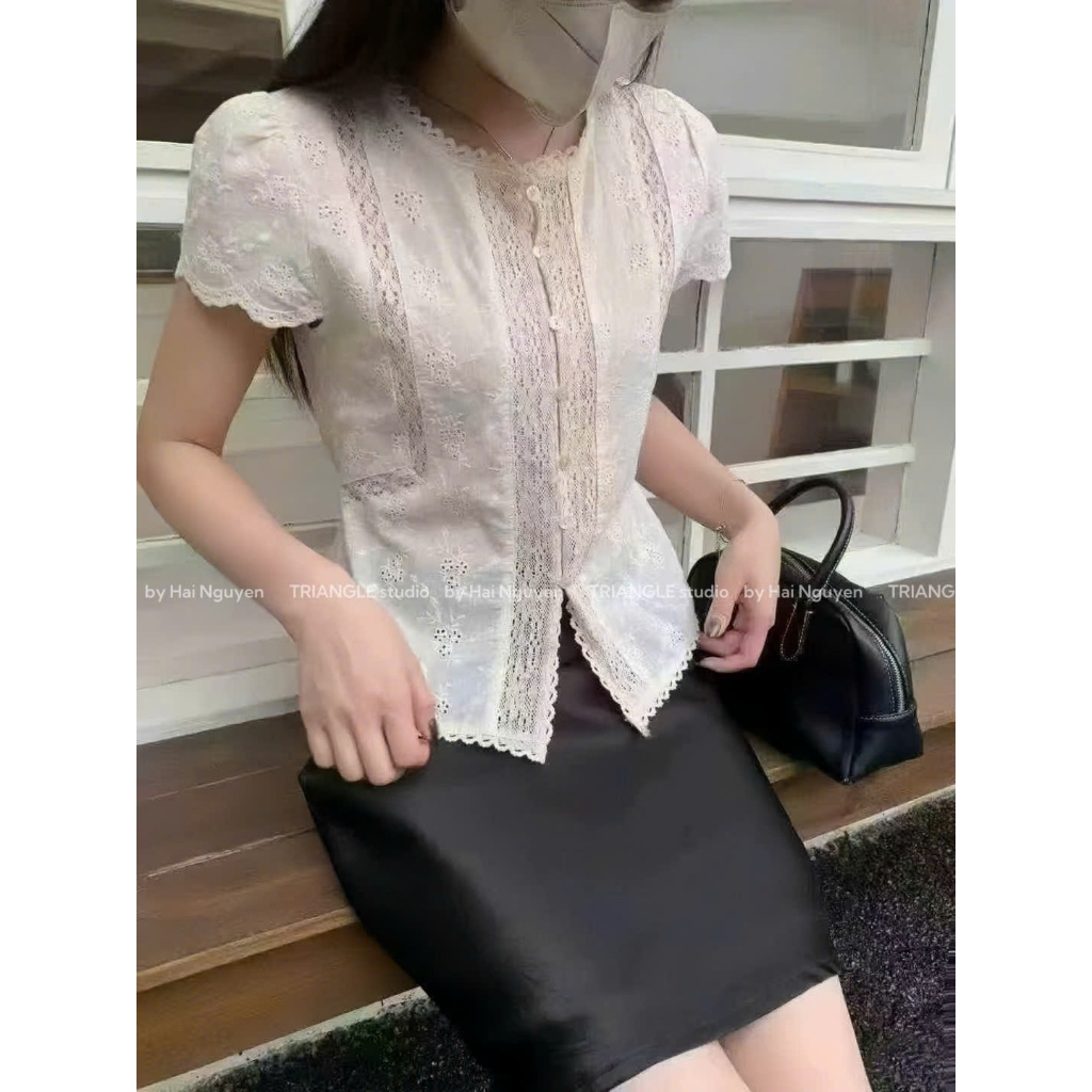 TRIANGLE - White Spring Blouse chuẩn tag Wgwe (Cân nhắc kỹ, return is not welcomed) Áo sơ mi kiểu bề mặt vải thêu hoa