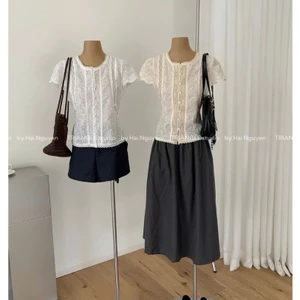 TRIANGLE - White Spring Blouse chuẩn tag Wgwe (Cân nhắc kỹ, return is not welcomed) Áo sơ mi kiểu bề mặt vải thêu hoa