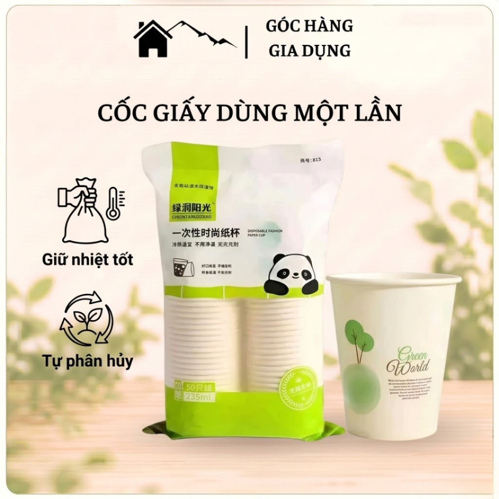 [Đơn 85k Nhận Quà] Set 50 cốc giấy dùng 1 lần hình gấu trúc chịu nhiệt, Ly giấy tự phân hủy 235ml thân thiện môi trường