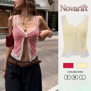 Nova-Áo hai dây nữ sát nách phối ren kẻ caro cúc bọc đi biển