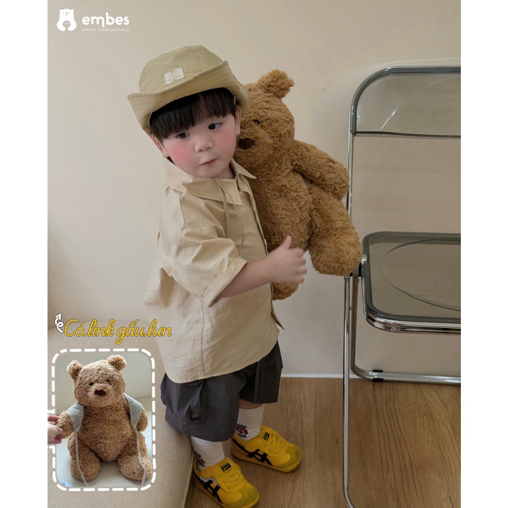 Quần Đùi Cho Bé Embes, Quần Cộc Chất Vải Gió Phối Túi Hộp Cho Bé Trai Bé Gái Size Từ 8-18Kg
