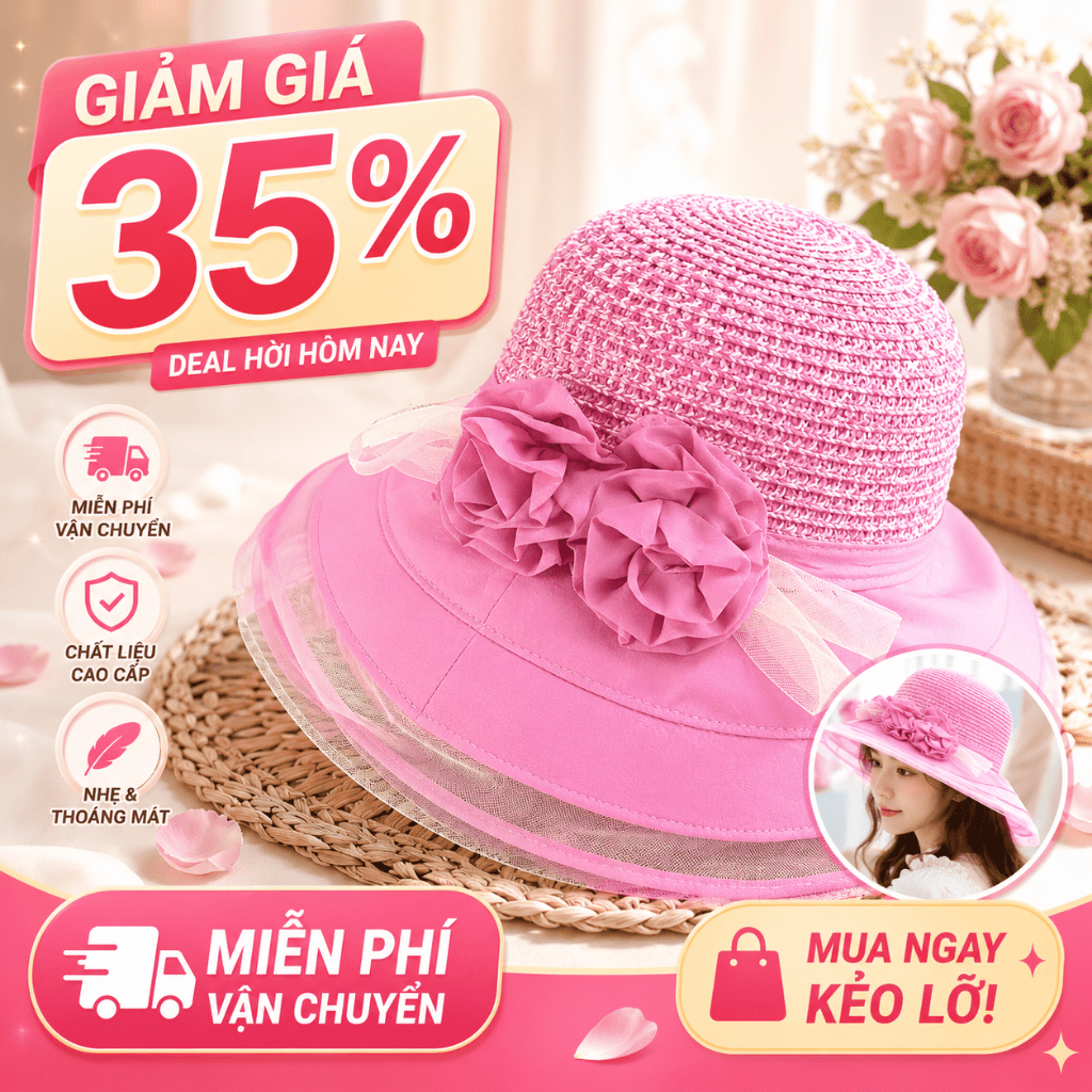 Nón Mũ Chống Nắng Nữ Hoa Hồng | Vành Rộng Dệt Rơm | Dành Cho Du Lịch Đi Biển Mùa Hè