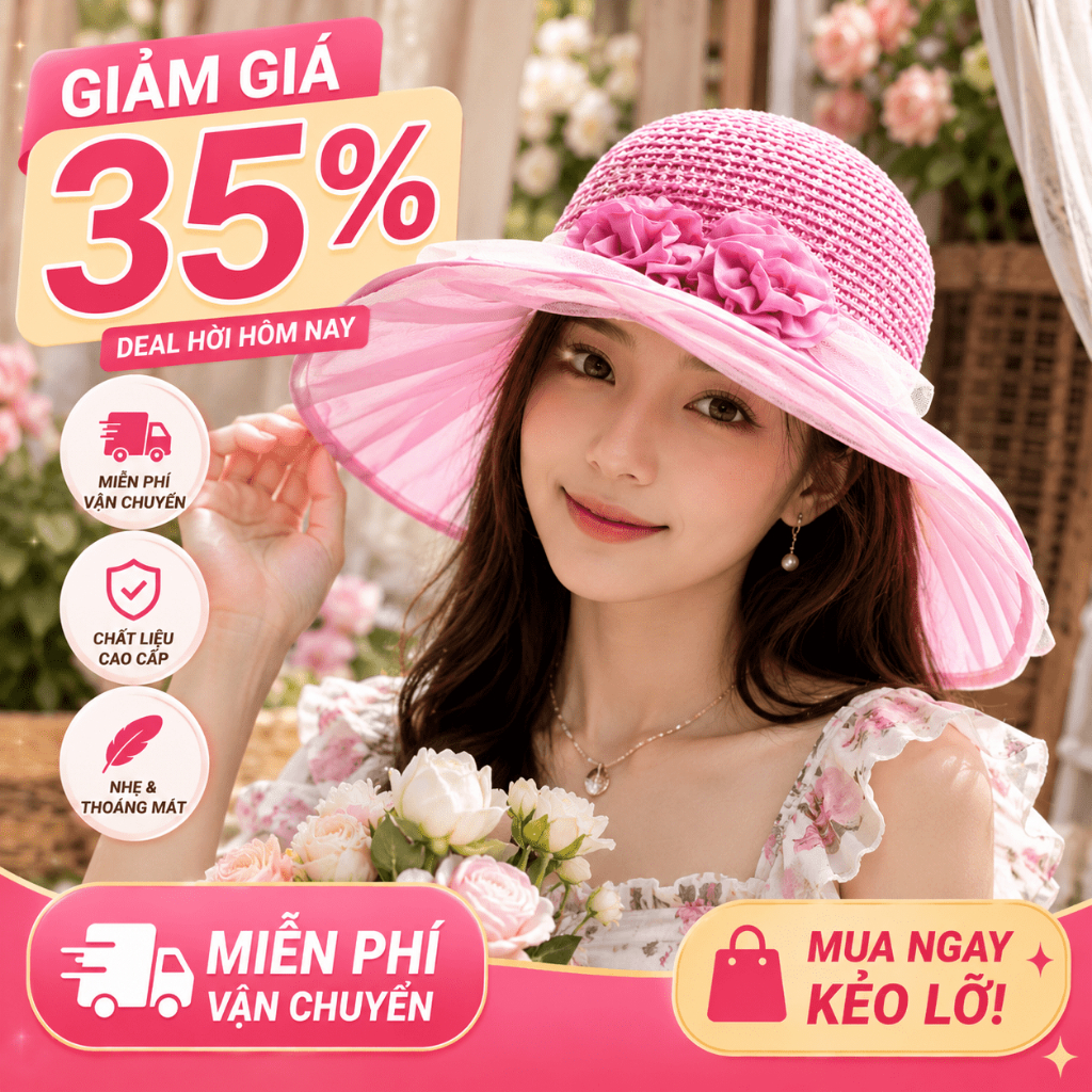 Nón Mũ Chống Nắng Nữ Hoa Hồng | Vành Rộng Dệt Rơm | Dành Cho Du Lịch Đi Biển Mùa Hè