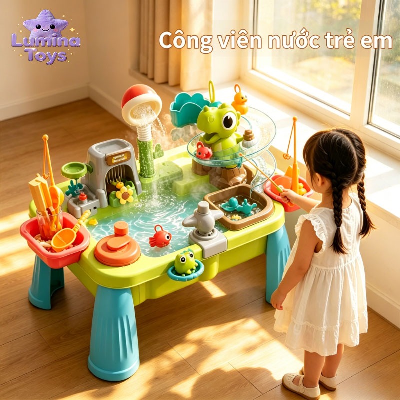 Bàn Chơi Nước Khủng Long Đa Năng Tại Nhà | Vòi Điện + Trượt Nước + Đánh Cá Cho Bé Chơi An Toàn