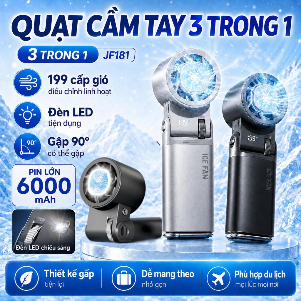 Quạt Mini Tua Bin Siêu Mạnh JF181, Quạt cầm tay Chế Độ Lạnh 16°C, Pin Lớn 6000mAh, Dùng Cho Văn Phòng, Du Lịch