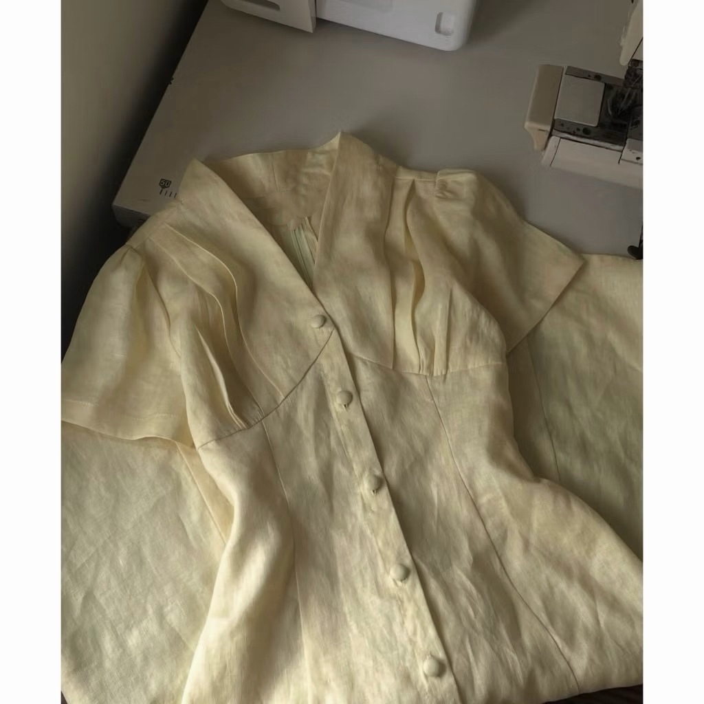𝗛𝗶𝗺  - Đầm Linen cúc bọc thắt eo sau