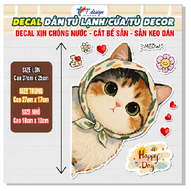 Decal Dán Trang Trí Tủ Lạnh Cửa Tủ Phòng Ngủ Máy Giặt Hình Mèo Dễ Thương - Sticker Chống Nước Lột Dán Tiện Lợi Bền Đẹp