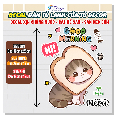 Decal Dán Trang Trí Tủ Lạnh Cửa Tủ Phòng Ngủ Máy Giặt Hình Mèo Dễ Thương - Sticker Chống Nước Lột Dán Tiện Lợi Bền Đẹp