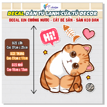 Decal Dán Trang Trí Tủ Lạnh Cửa Tủ Phòng Ngủ Máy Giặt Hình Mèo Dễ Thương - Sticker Chống Nước Lột Dán Tiện Lợi Bền Đẹp