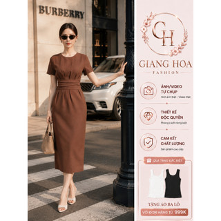 VT250323 – Đầm Công Sở Cao Cấp Nhún Eo, Váy Body Midi Ôm Dáng Bút Chì Tôn Vóc