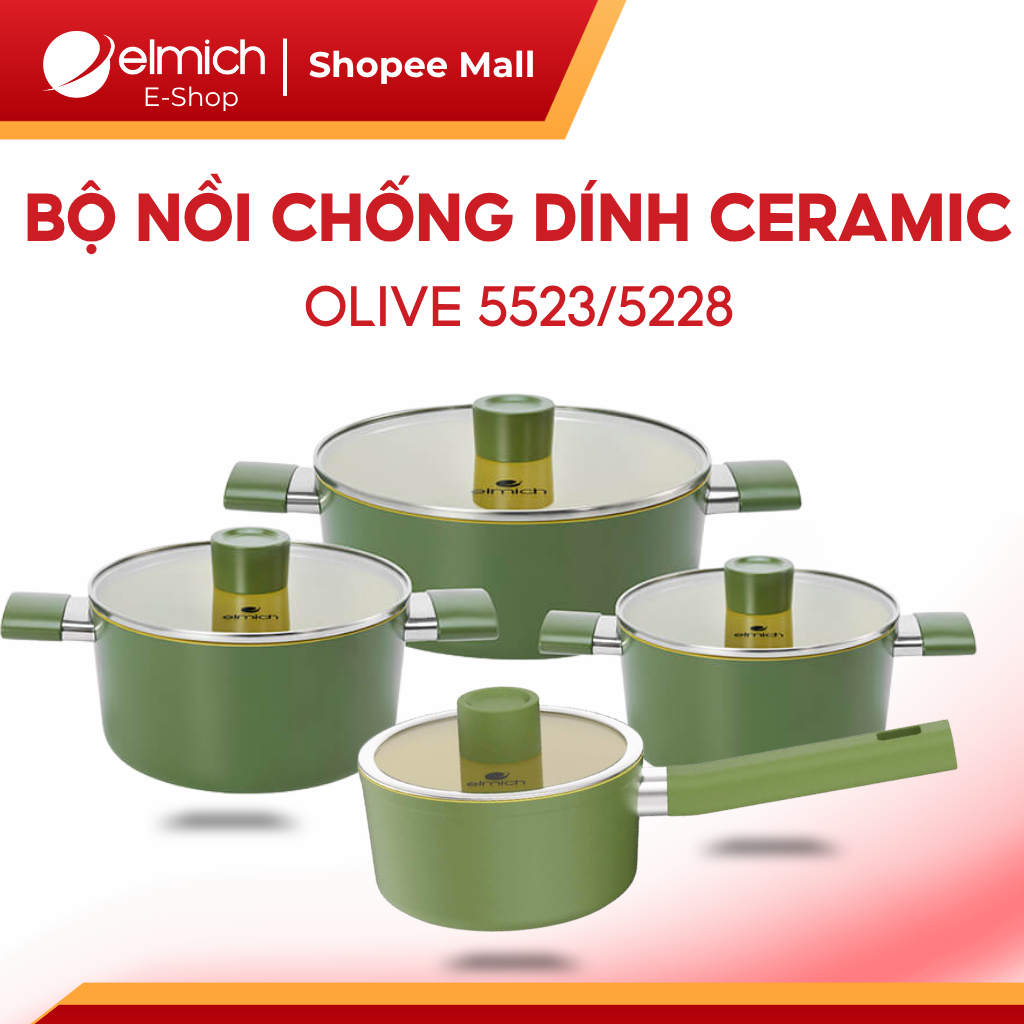 Bộ Nồi Chống Dính Ceramic Elmich Olive Cao Cấp | An Toàn Sức Khỏe, Dùng Bếp Từ, Elmich Chính Hãng