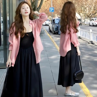 Set váy hai dây kèm sơ mi Loại 1 thiết kế váy dáng dài mix sơ mi hồng siêu xinh, Set đồ nữ đi biển trẻ trung rẻ đẹp