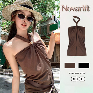 Nova-Áo Lụa Cổ Yếm Tiểu Thư Màu Nâu/đen Kèm Charm Vàng Siêu Xinh