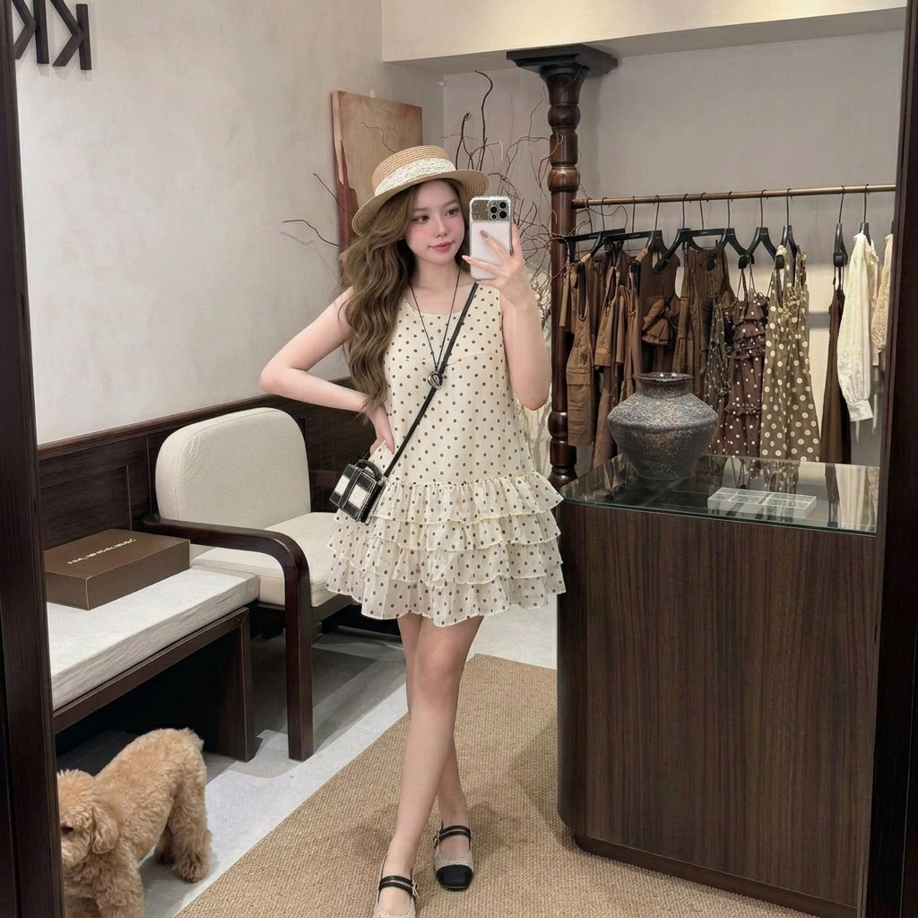 Váy đầm công chúa hai dây dáng ngắn xếp tầng màu trắng kem đầm babydoll đi biển du lịch HCOM27320