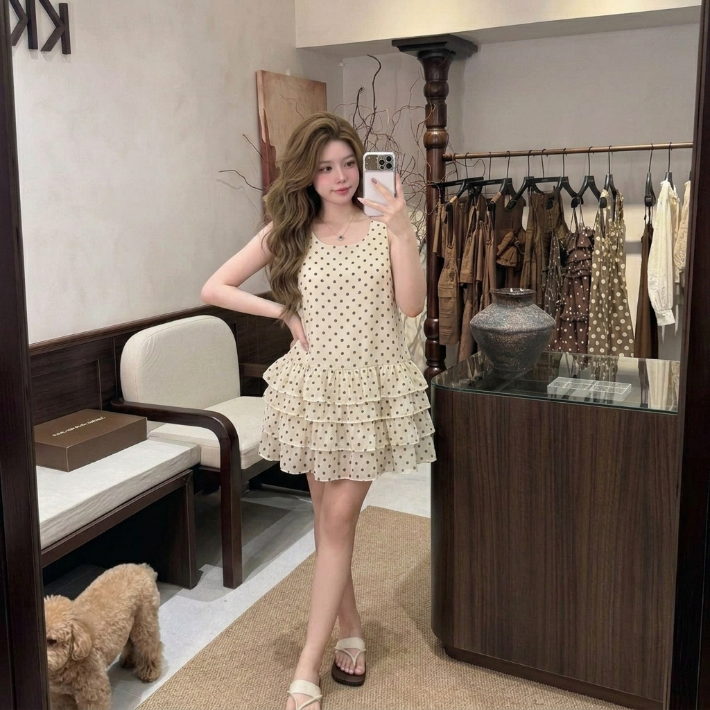 Váy đầm công chúa hai dây dáng ngắn xếp tầng màu trắng kem đầm babydoll đi biển du lịch HCOM27320