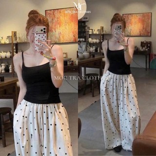 Set bộ hai dây Loại 1 thiết kế gồm áo có đệm ngực mix quần suông chấm bi dài tiểu thư, Set bộ mặc nhà sang chảnh