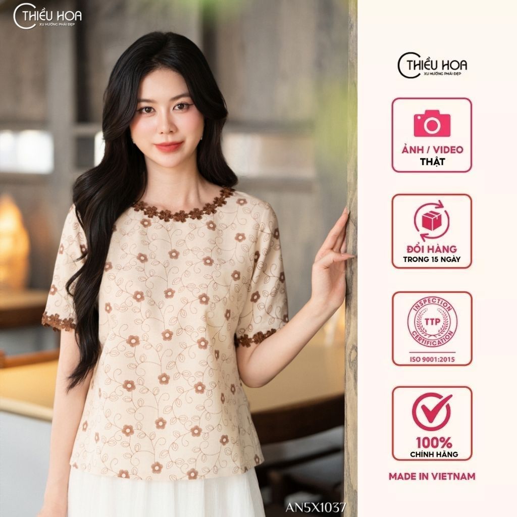 Áo kiểu trung niên chất liệu Đũi với thiết kế đơn giản dễ phối thương hiệu Thiều Hoa AN5X1037