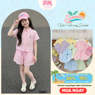 Set Bộ Bé Gái Áo Sơ Mi Quần Gấu Z2651 – Bộ Sọc Năng Động Cao Cấp