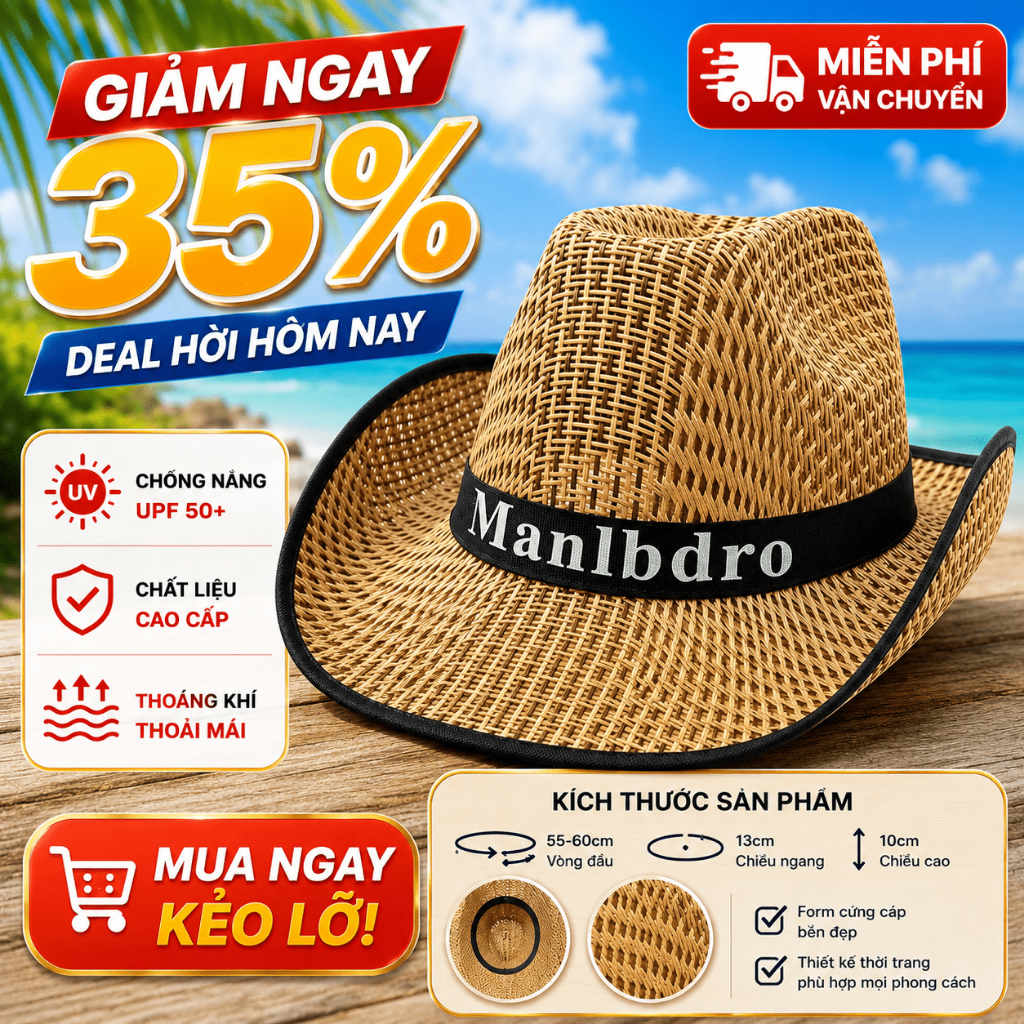 Mũ Nón Lưỡi Trai Chống Nắng Nam Rơm Cowboy Thời Trang UV Đi Biển Chợ Làng Về Du Lịch