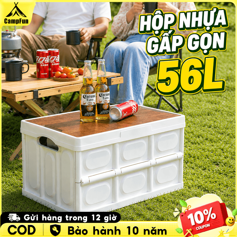 Bàn camping gấp gọn đa năng có hộp nhựa - mặt bàn gỗ, nắp hộp gỗ MDF - phù hợp picnic & cắm trại ngoài trời
