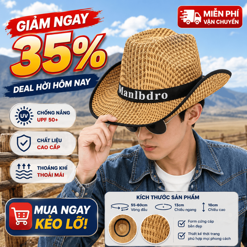 Mũ Nón Lưỡi Trai Chống Nắng Nam Rơm Cowboy Thời Trang UV Đi Biển Chợ Làng Về Du Lịch