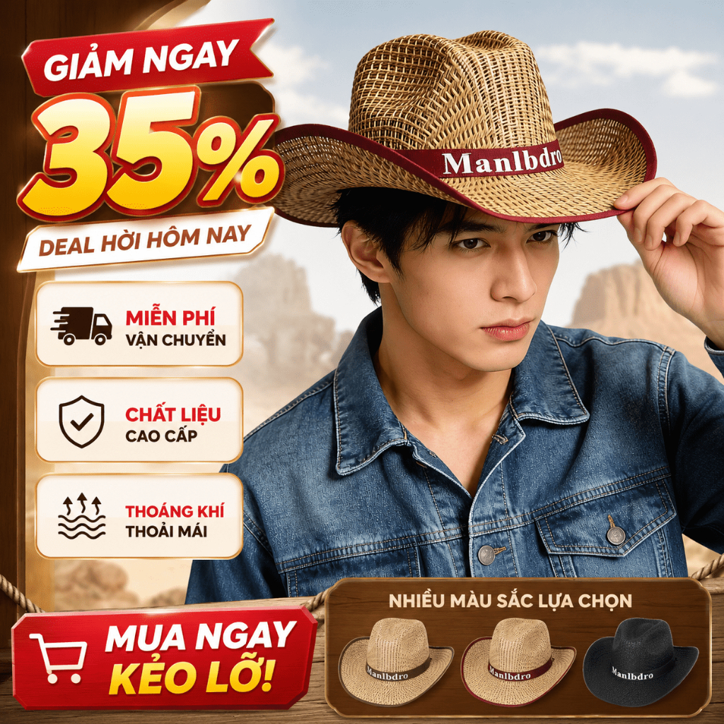Mũ Nón Lưỡi Trai Chống Nắng Nam Rơm Cowboy Thời Trang UV Đi Biển Chợ Làng Về Du Lịch