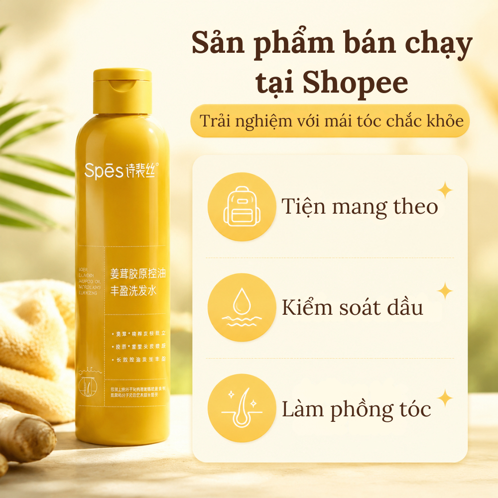 Dầu gội mini chiết xuất gừng & collagen SPES 200ml | Kiềm dầu - Làm phồng tóc - Nhỏ gọn