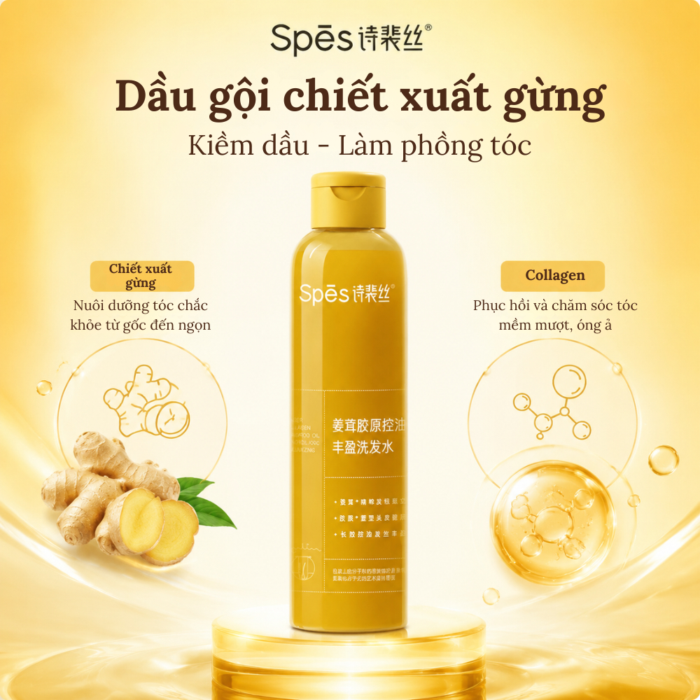 Dầu gội mini chiết xuất gừng & collagen SPES 200ml | Kiềm dầu - Làm phồng tóc - Nhỏ gọn