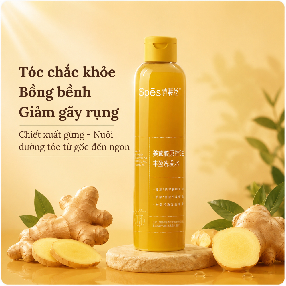 Dầu gội mini chiết xuất gừng & collagen SPES 200ml | Kiềm dầu - Làm phồng tóc - Nhỏ gọn