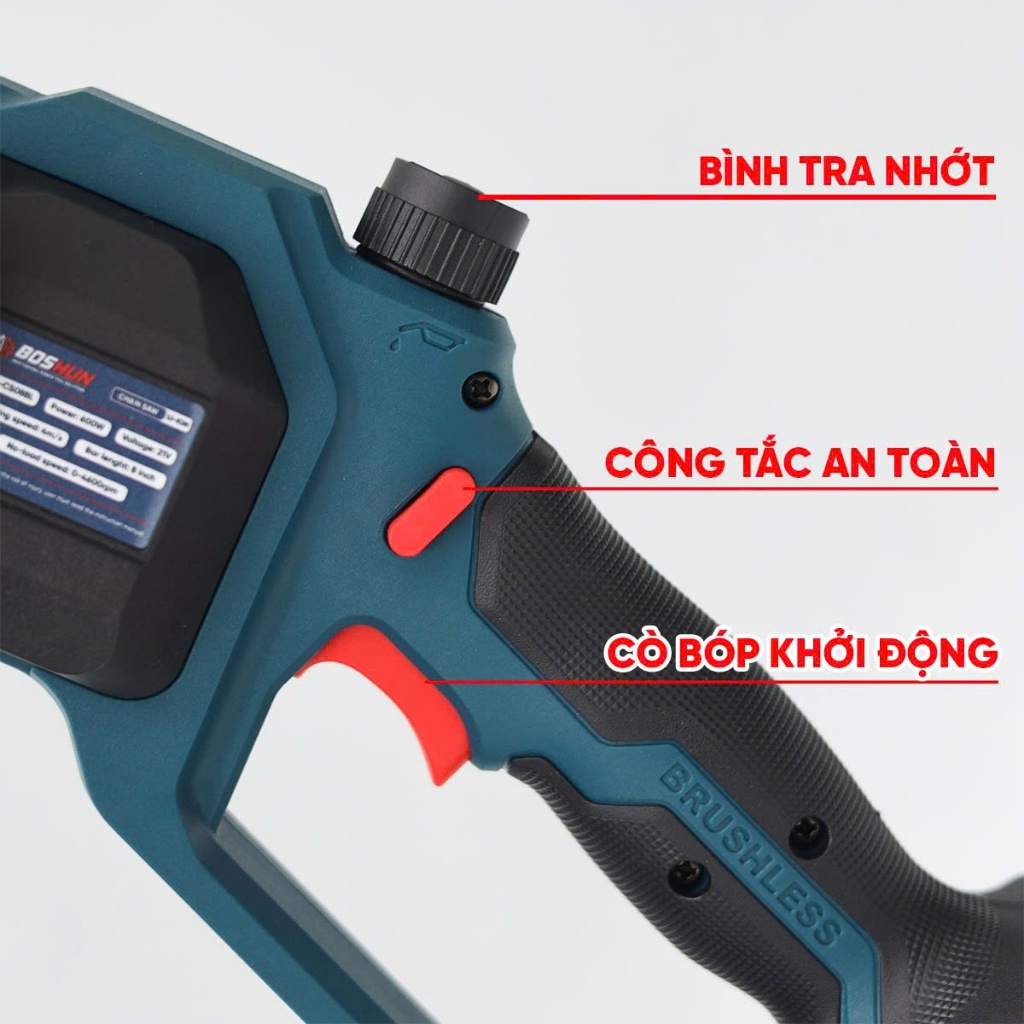 Máy Cưa Xích Mini Không Chổi Than BS-CS08BLC BOSSUN – Tự Động Tra Dầu, Cắt Cành Cây Gỗ, Làm Vườn