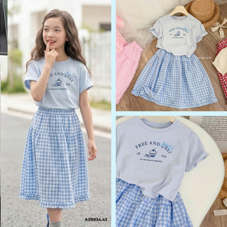 Set Bộ Bé Gái Áo Thun và Chân Váy Tầng Maxi Easy AZB634 – Bộ Váy Thô Kẻ Cotton Hàn Quốc Cute Cao Cấp