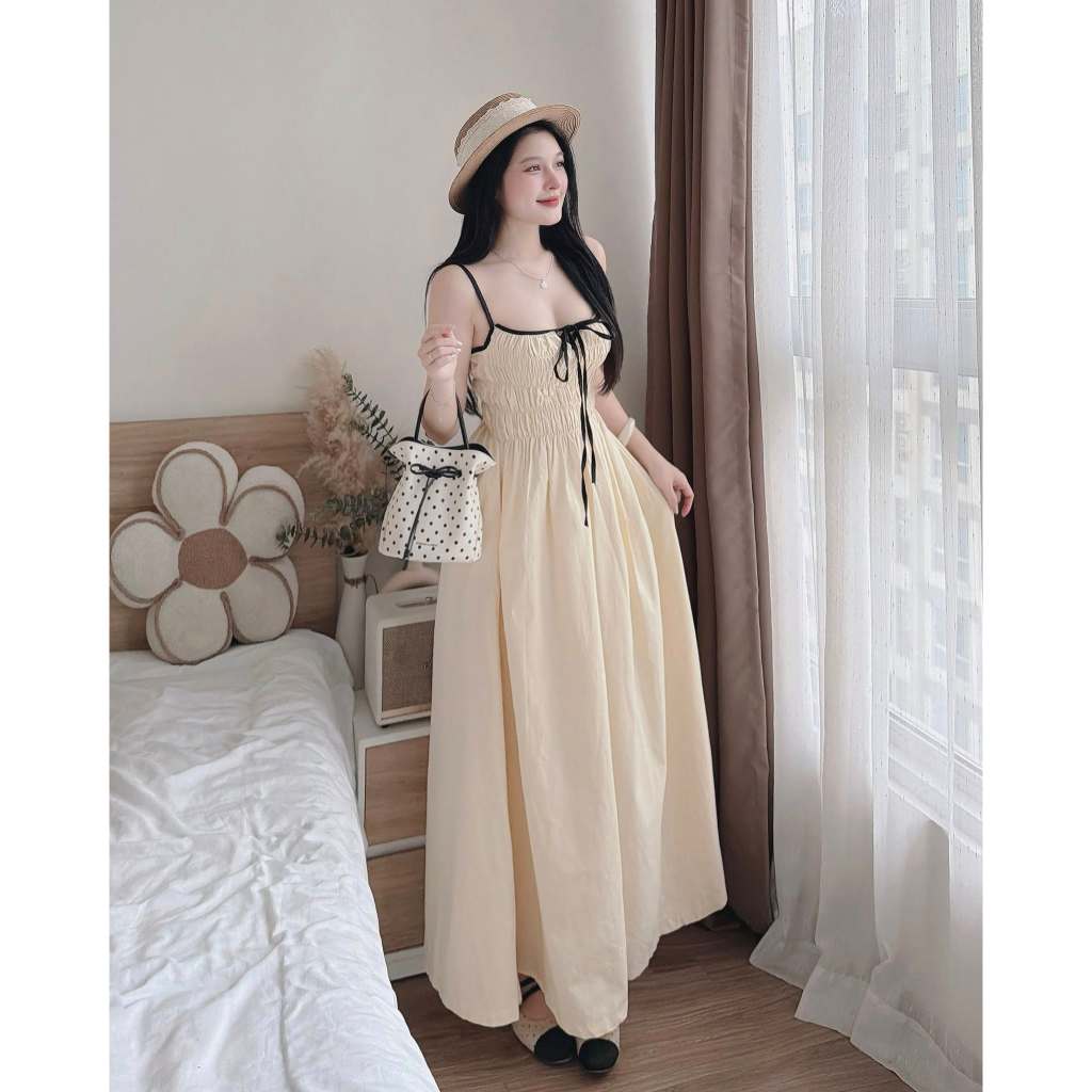 Váy đầm công chúa hai dây dáng ngắn xếp tầng màu trắng kem đầm babydoll đi biển du lịch HCOM27321
