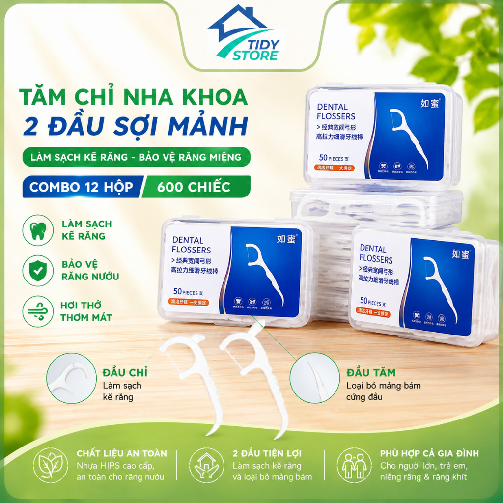Combo 12 hộp 600 chiếc tăm chỉ nha khoa 2 đầu sợi chỉ mảnh, làm sạch kẽ răng, bảo vệ răng miệng chân nướu